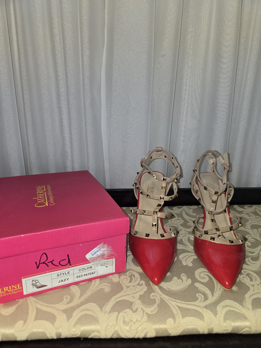 Studded Strappy Pointed-Toe Heels in Red and Nude - Picture 2 of 11